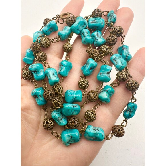 Vintage Czech turquoise art glass beaded necklace 32.5”